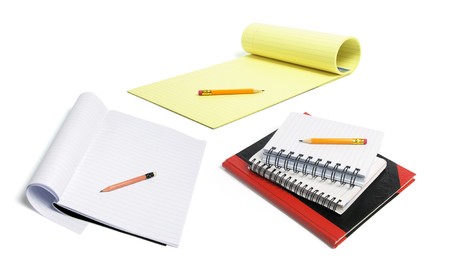 Note Books and Pencils on White Backgroundの写真素材
