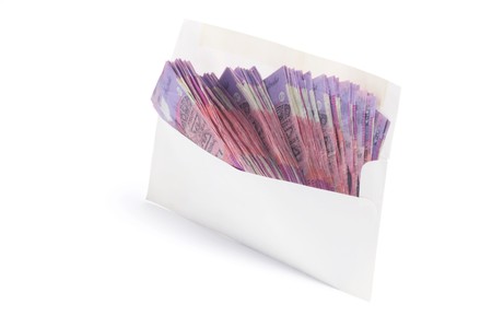 Envelope with Dollar Notes on White Backgroundの写真素材