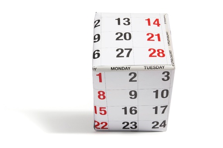 Box Wrapped with Calendar Paper on White Backgroundの写真素材