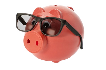 Piggy Bank with Sunglasses on White Backgroundの写真素材