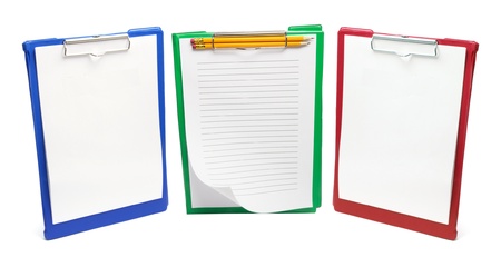 Clipboards with Papers and Pencils on White Backgroundの写真素材