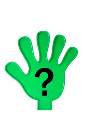 Toy Hand with Question Mark on White Backgroundの写真素材