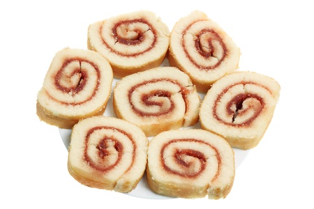 Strawberry Sponge Roll on White Backgroundの写真素材