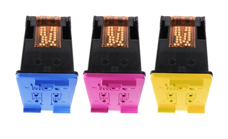 Colour Ink Cartridges on White Backgroundの写真素材