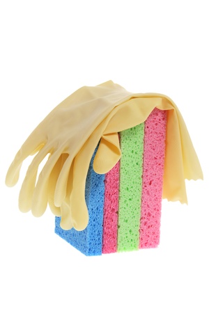 Rubber Gloves and Sponges on White Backgroundの写真素材