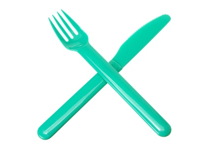 Plastic Fork and Knife on White Backgroundの写真素材