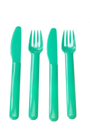Plastic Fork and Knife on White Backgroundの写真素材