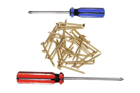 Screws and Screw Drivers on White Backgroundの写真素材