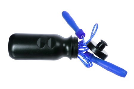 Skipping Rope and Plastic Flask on White Backgroundの写真素材
