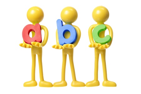 Rubber Figures Holding ABC on White Background