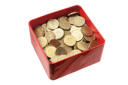 Coins in Tin Box on White Background