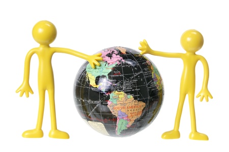 Rubber Figures with Globe on White Background