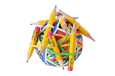 Pencils and Rubberband Ball on White Background
