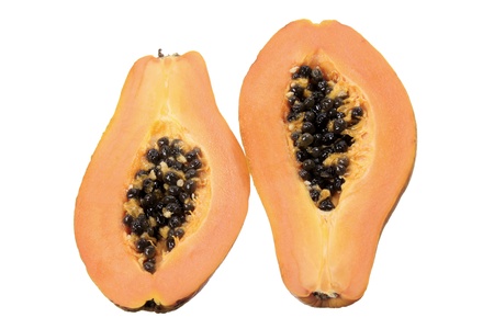 Papaya in Halves on White Backgroundの写真素材