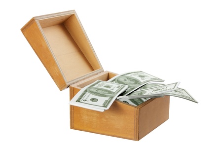 Wooden Box with Money on White Backgroundの写真素材