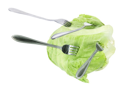 Iceberg Lettuce with Forks on White Backgroundの写真素材