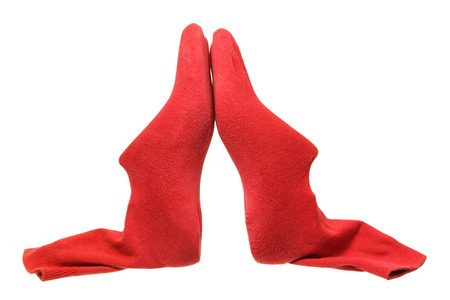 Shoe Lasts with Red Socks on White Backgroundの写真素材