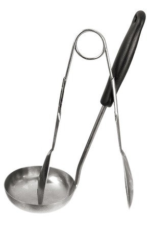 Kitchen Tongs and Ladle on White Backgroundの写真素材