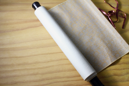 Chinese Scroll on Wooden Backgroundの写真素材