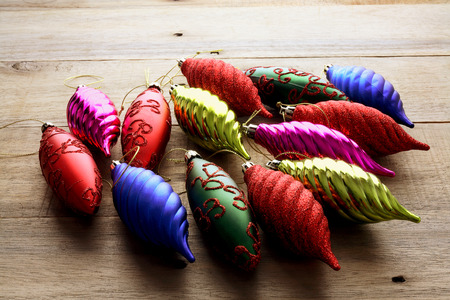 Christmas Baubles on Wooden Backgroundの写真素材