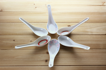 Chinese Soup Spoons on White Backgroundの写真素材