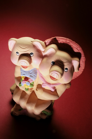Pig Figurines on Red Backgroundの写真素材