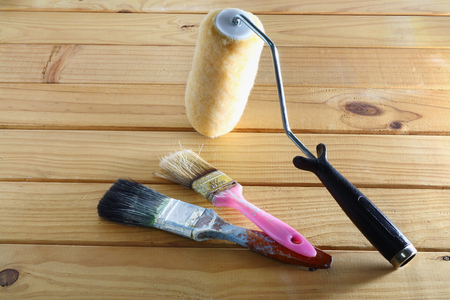 Painting Tools on Wooden Backgroundの写真素材