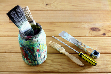 Paint Tools on Wooden Backgroundの写真素材