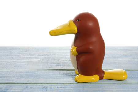Platypus Figurine on Wooden Backgroundの写真素材