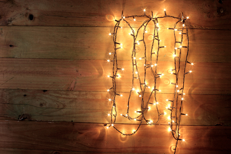Fairy Lights on Wooden Backgroundの写真素材