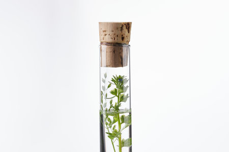 Green plant in a glass laboratory test tube, close up.