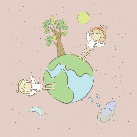 Illustration with two sad lonely angel on a small planet のイラスト素材