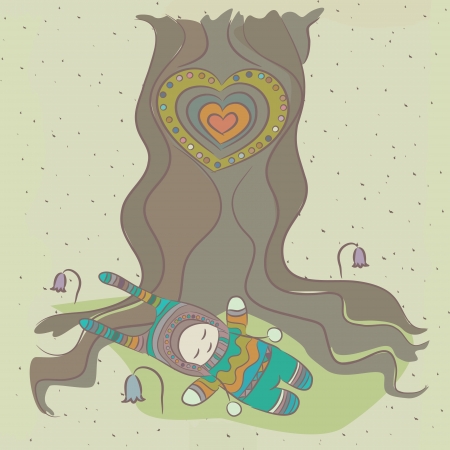 Fabulous illustration of a child who enjoys the rest under the tree  Concept of unity with nature のイラスト素材