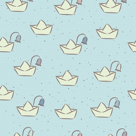 Seamless childish pattern with paper boats on the water のイラスト素材