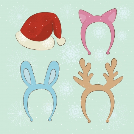 Merry Christmas carnival cartoon set in Santa hat, cat ears, bunny ears, reindeer のイラスト素材