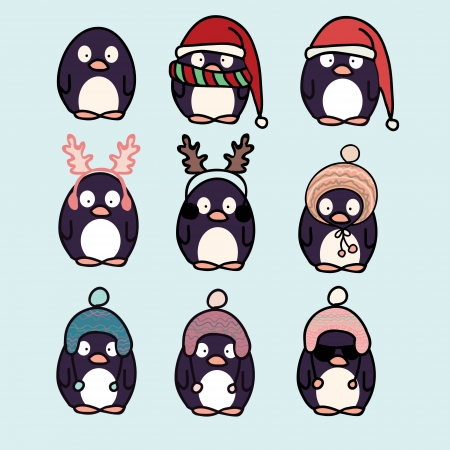 Fun penguins wearing hats cartoon icons setのイラスト素材