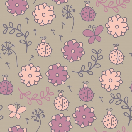Romantic cartoon seamless pattern with ladybugs, flowers, butterfliesのイラスト素材