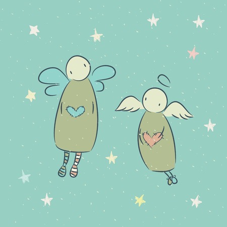 Cartoon hand drawn illusration with angel and characterのイラスト素材