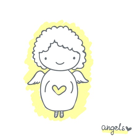Hand drawn sketch with angel and heart, and text on a white background, vector Illustration for designのイラスト素材