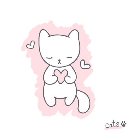 Hand drawn sketch with cute kitten, heart and text. Vector illustration for designのイラスト素材