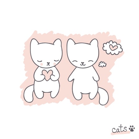Hand drawn sketch with cats and hearts, and text on a white background, vector Illustration for designのイラスト素材