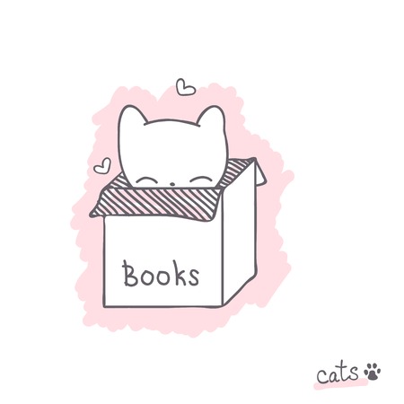 Hand drawn sketch with kitten in the box and text. Vector illustration for designのイラスト素材