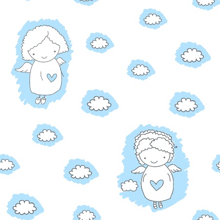Seamless pattern with hand drawn sketch angels and hearts, and cloud on a white background, vector Illustration for designのイラスト素材
