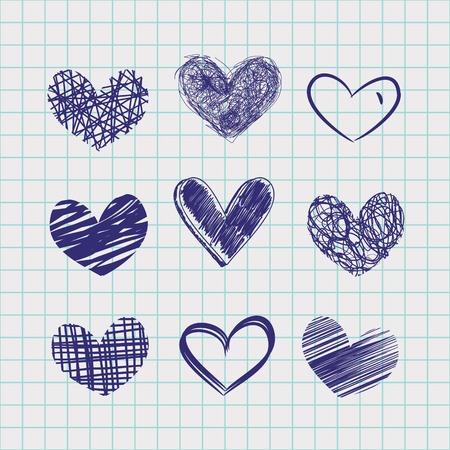 Set of hand draw hearts and seamless paper background  Pen drawn effect  Vector elements for designのイラスト素材