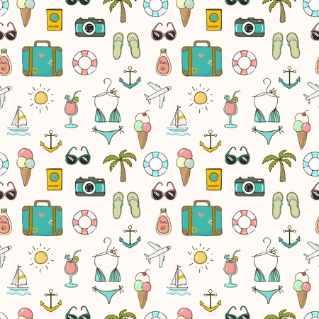 Vector hand drawn travel on vacation summer seamless patternのイラスト素材