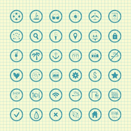 Vector set of hand drawn on paper icons on a theme of travel and summer vacation and seamless pattern for web or mobile designのイラスト素材