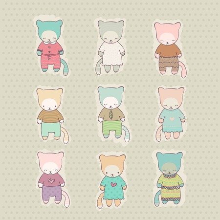 Set of cute kittens dressed in dresses and costumes  Vector illustration  Hand drawn characters for use in design postcards, web pages, arcade games and moreのイラスト素材
