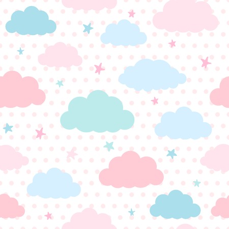 Children seamless pattern with blue and pink clouds and stars in sky on a polka dots background