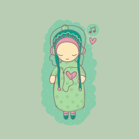 Girl listening to music of your heart on headphones. のイラスト素材