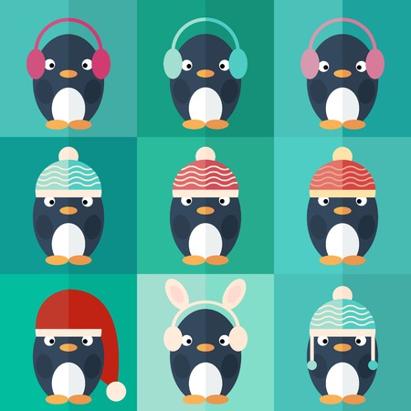 Penguins icons set in flat design. Penguin in Santa Claus hat. Vector Illustrationのイラスト素材